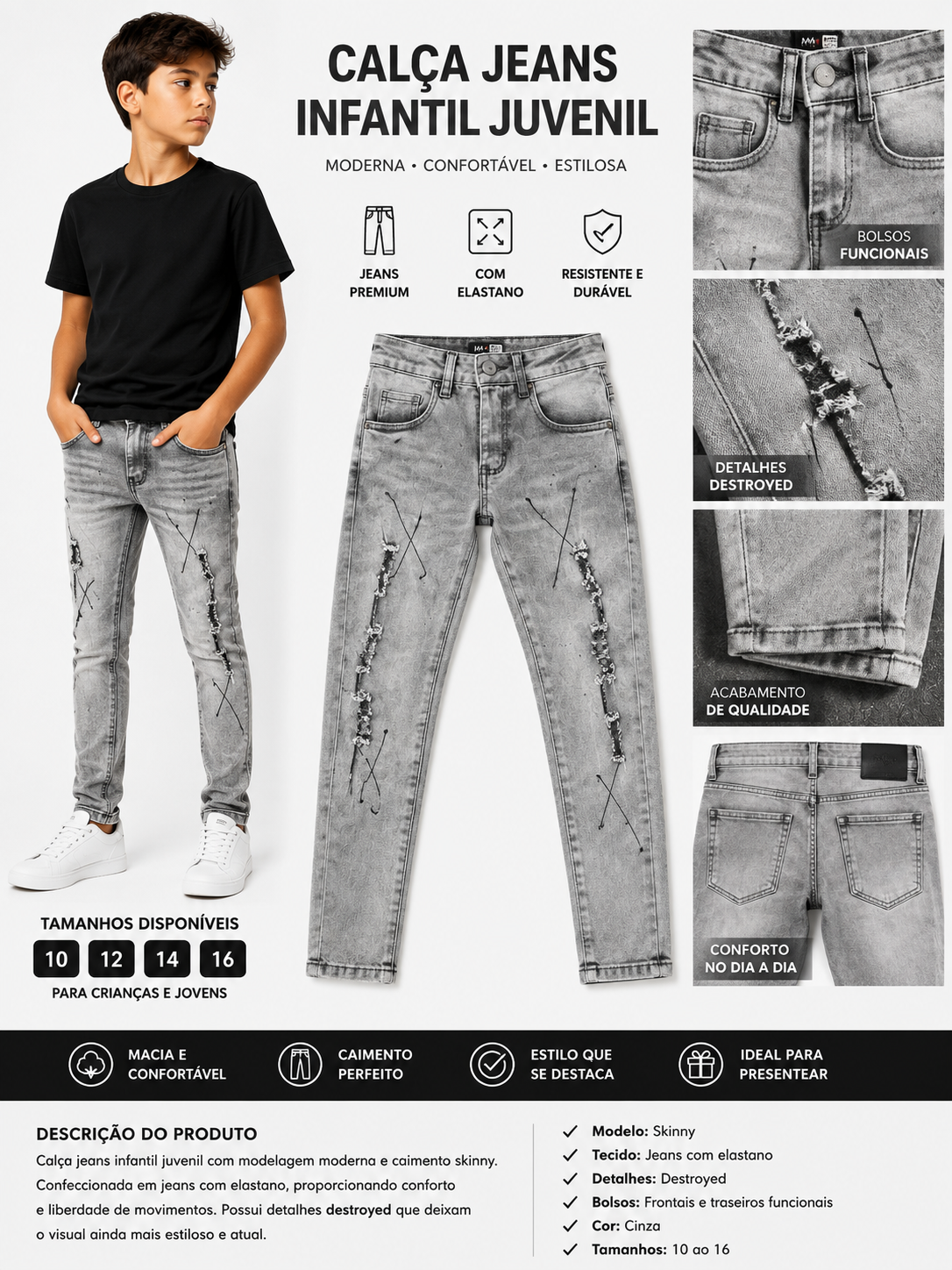 Calça Jeans Jogador Juvenil cinza