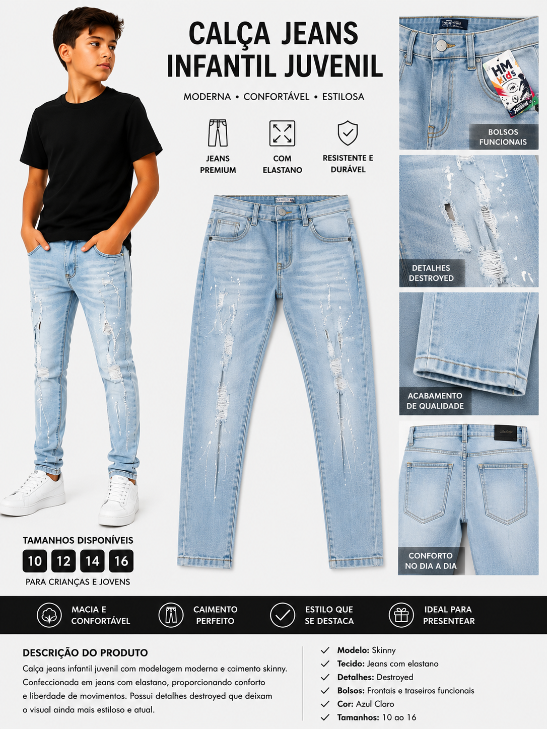 Calça Jeans Jogador Juvenil azul clara